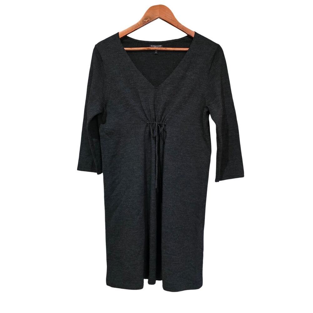 Eileen Fisher Merino Wool V-Neck Midi Sweater Dress Charcoal Gray Size PL